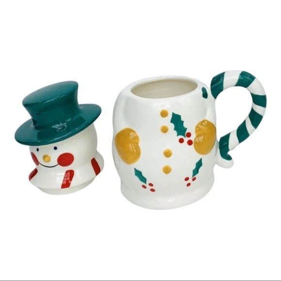 Christmas Decor Holiday Party by Temptations Teapot Snowman Set 3 Mugs Lids VNTG - Picture 7 of 10